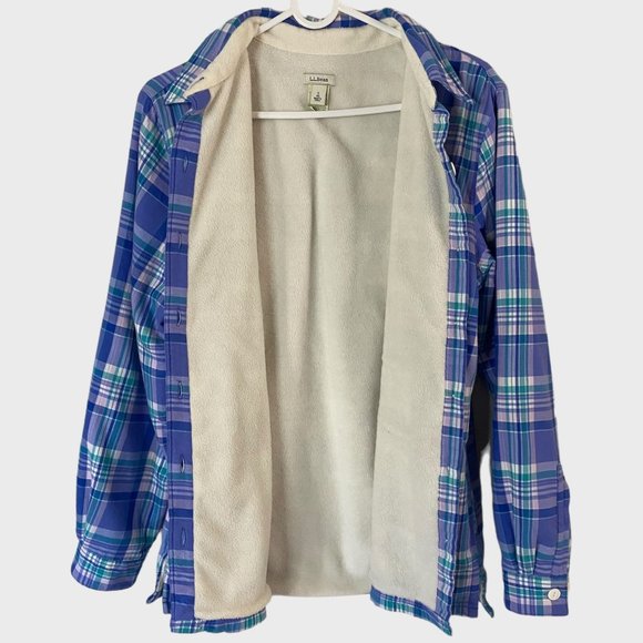 L.L. Bean Fleece Lined Flannel Shirt Womens Small Blue Plaid Button-Up Shacket - Picture 4 of 12